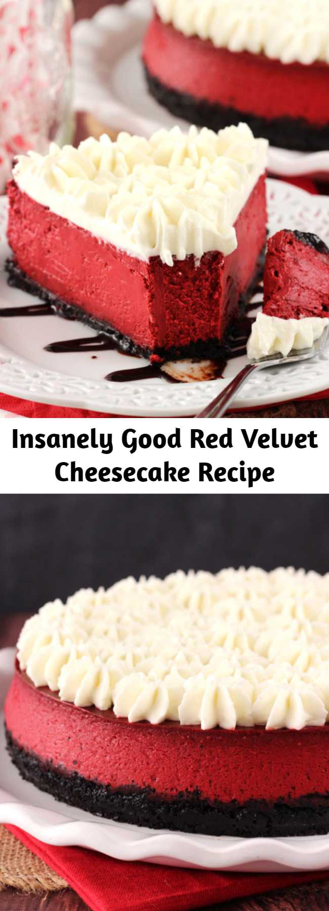 Insanely Good Red Velvet Cheesecake Recipe - This Red Velvet Cheesecake is one of the smoothest and creamiest cheesecakes I’ve ever made. It’s insanely good and has that light tanginess that’s so loved in a red velvet dessert. The cream cheese whipped cream topping finishes it off perfectly!