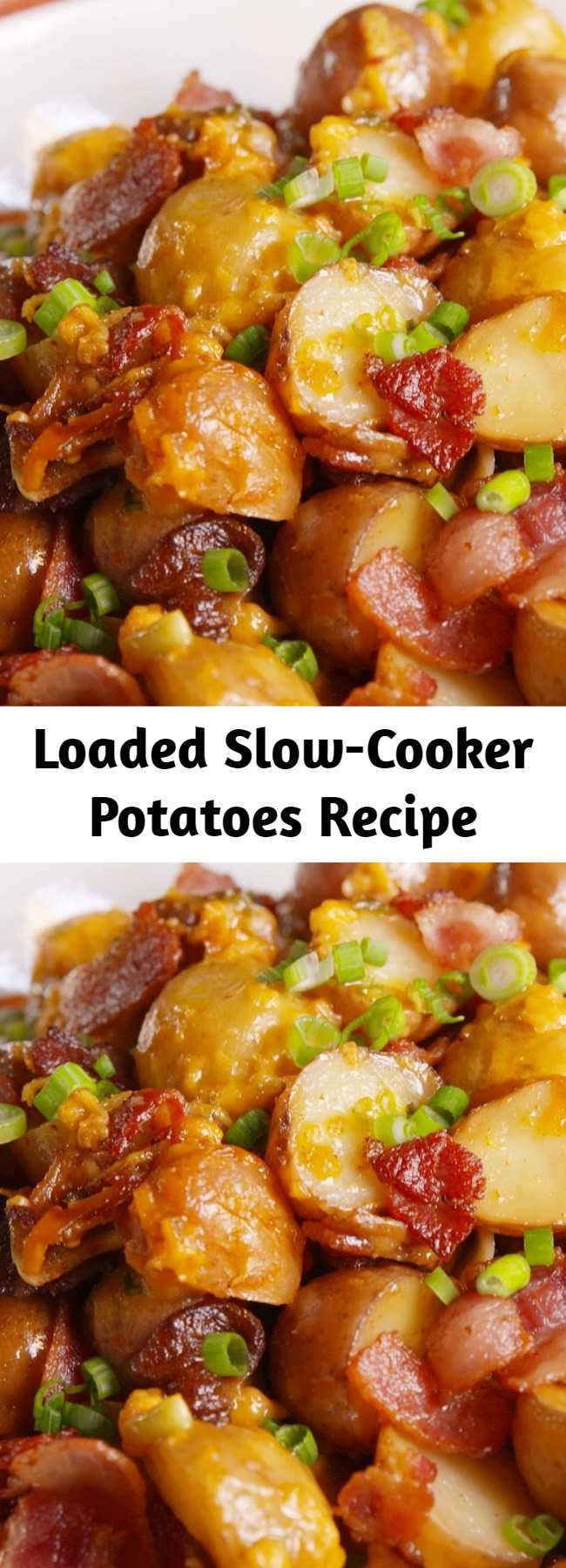 Loaded Slow-Cooker Potatoes Recipe - Loaded slow-cooker potatoes will save you so much oven space this Thanksgiving and Christmas. The best thing about comfort food is not actually have to cook it. #loaded #easy #recipe #bacon #cheese #cheesy #potatoes #thanksgiving #christmas #sides #vegetables #slowcooker #crockpot