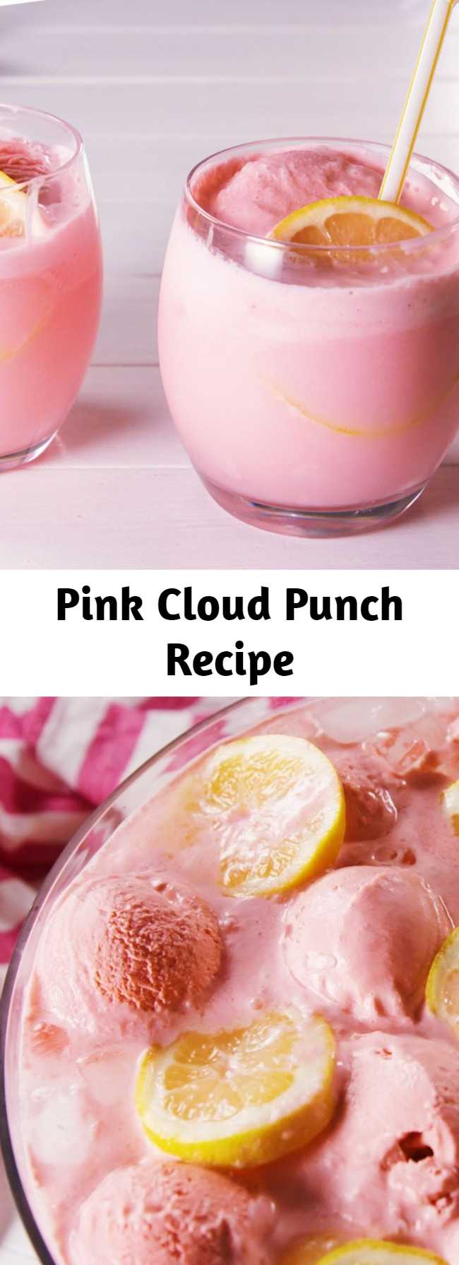Pink Cloud Punch Recipe - When you're hosting a baby or bridal shower, this boozy punch ensures that your party is anything but boring. It also makes those goofy shower games 1,000x more fun. (Don't worry, the mom-to-be will be just as happy with a nonalcoholic sherbet float.) #easyrecipe #cocktail #bridalshower #babyshower #drinkrecipe