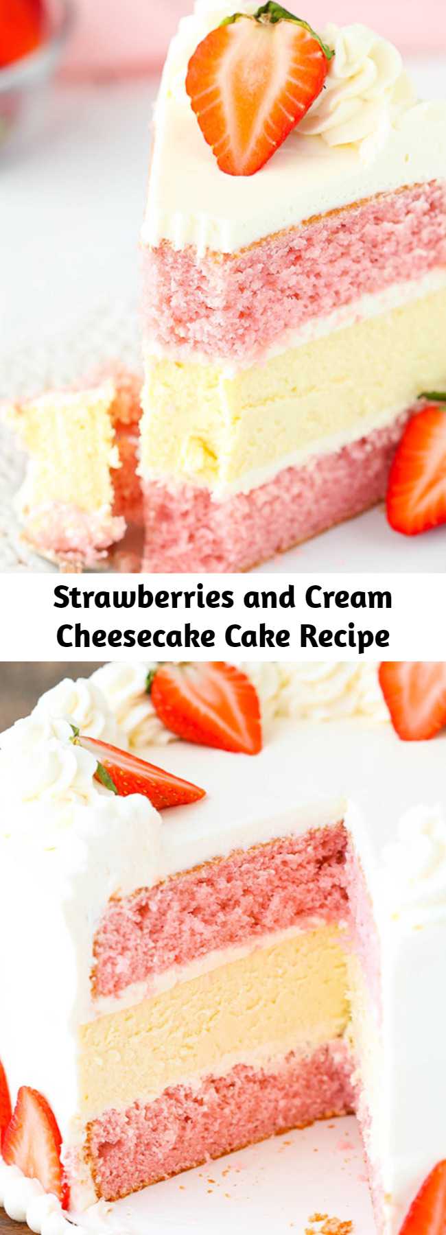 Strawberries and Cream Cheesecake Cake Recipe - This Strawberries and Cream Cheesecake Cake is perfect in every way! With two layers of strawberry cake and a creamy layer of vanilla cheesecake in the middle, this cake is no joke.