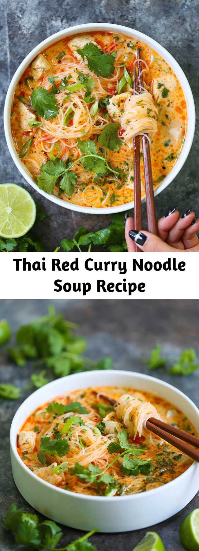 Thai Red Curry Noodle Soup Recipe - Yes, you can have Thai takeout right at home! This soup is packed with so much flavor with bites of tender chicken, rice noodles, cilantro, basil and lime juice! So cozy, comforting and fragrant – plus, it’s easy enough for any night of the week!