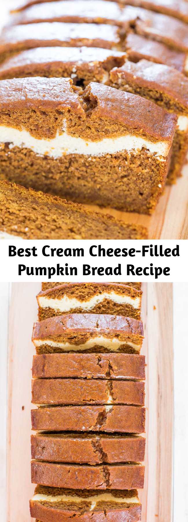Best Cream Cheese-Filled Pumpkin Bread Recipe - This is without a doubt the BEST pumpkin bread recipe! This pumpkin cream cheese bread tastes like it has cheesecake baked into the middle. You’ll definitely want a second slice! #pumpkindesserts #pumpkinrecipes