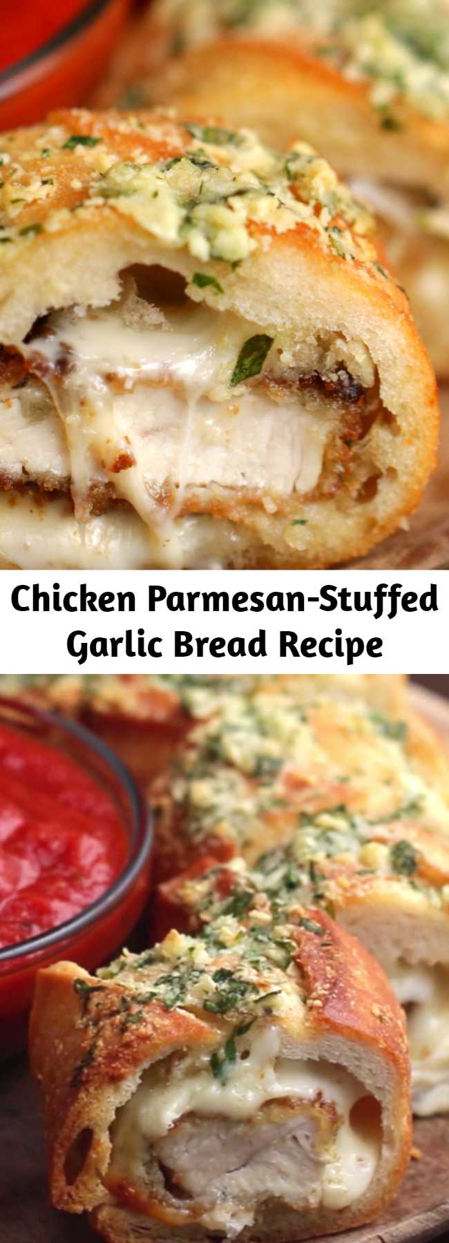 Chicken Parmesan-Stuffed Garlic Bread Recipe - Super easy to stuff the bread just make sure you get a big baguette and not a little one. Loved it!