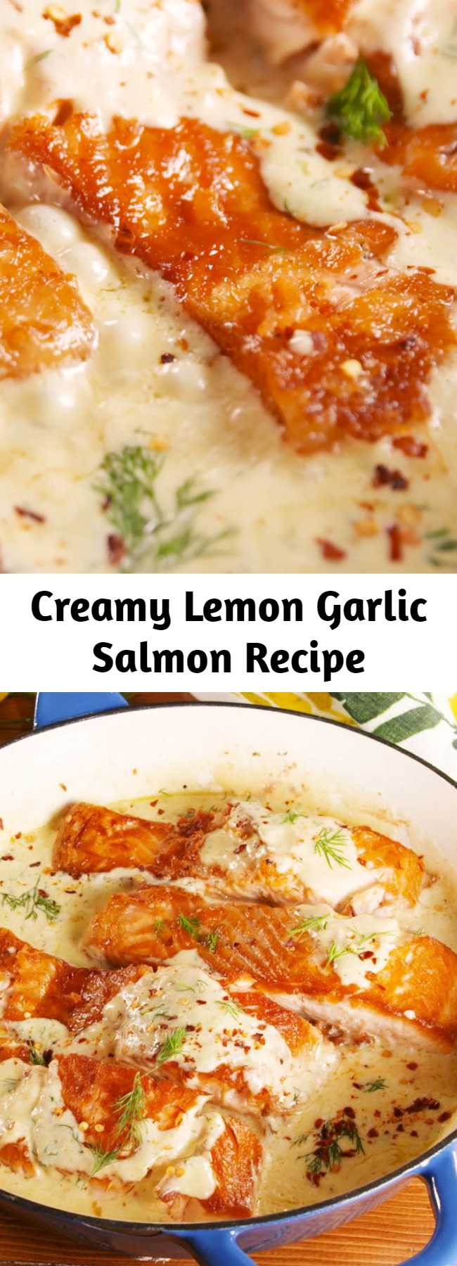 Creamy Lemon Garlic Salmon Recipe - Dill's bright flavor is perfect for this creamy sauce. But if you're not a big fan, we recommend using something like thyme instead! Chives or parsley could also work, but their presence wouldn't be as bold. be as assertive. #dinnerrecipes #dinnerideas #seafood #salmonrecipes #salmon #datenight #datenightdinner #dinner #glutenfreerecipes #glutenfree