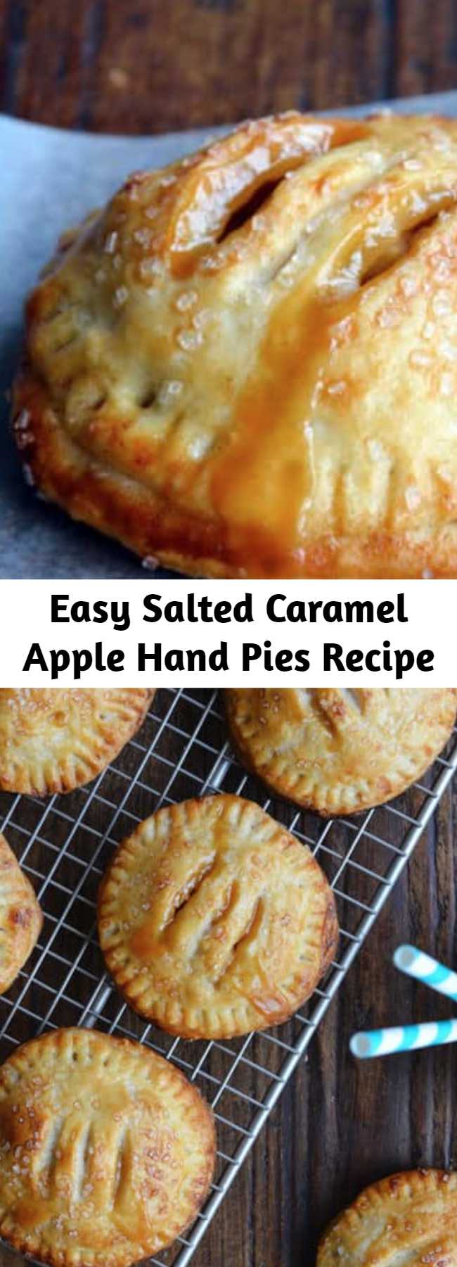 Easy Salted Caramel Apple Hand Pies Recipe - A pinch of sea salt lends a savory balance to these handheld treats that ooze fresh fruit flavor and silky smooth caramel. It’s the dynamic dessert duo, and it’s all wrapped up in finger-friendly package. No forks, no plates, no sharing required!