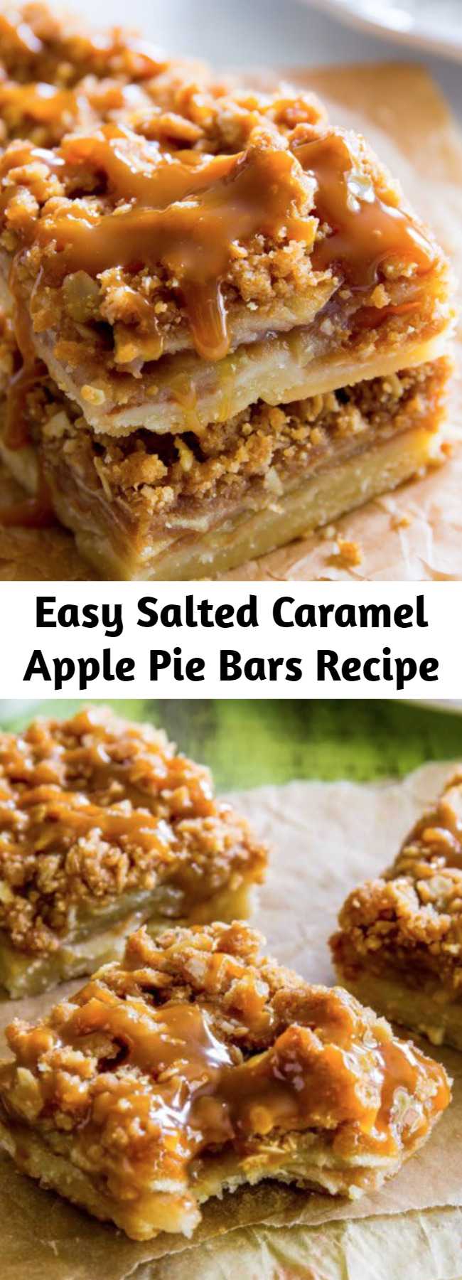 Easy Salted Caramel Apple Pie Bars Recipe - Made with a shortbread crust, spiced apple filling, streusel topping, and homemade salted caramel, apple pie bars are just as delicious as apple pie, but much simpler to make. You’ll love this fun twist on a classic dessert!