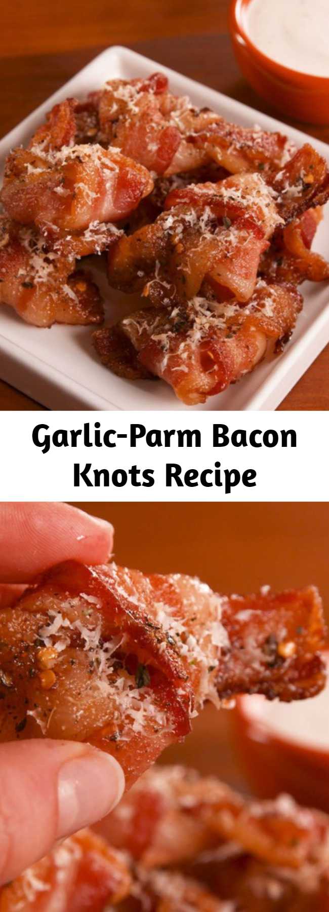Garlic-Parm Bacon Knots Recipe - If you love garlic knots but HATE carbs, you need Garlic Parm Bacon Knots in your life STAT. You're KNOT going to believe these. #garlic #parm #parmesan #bacon #baconknots #lowcarb #lowcarbsnacks
