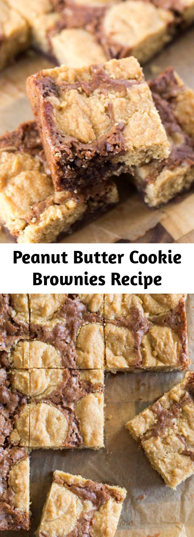 Peanut Butter Cookie Brownies Recipe - An easy homemade brownie batter studded with globs of peanut butter cookie dough for a chocolate peanut butter lovers dream come true. These little squares did NOT last long my friends.