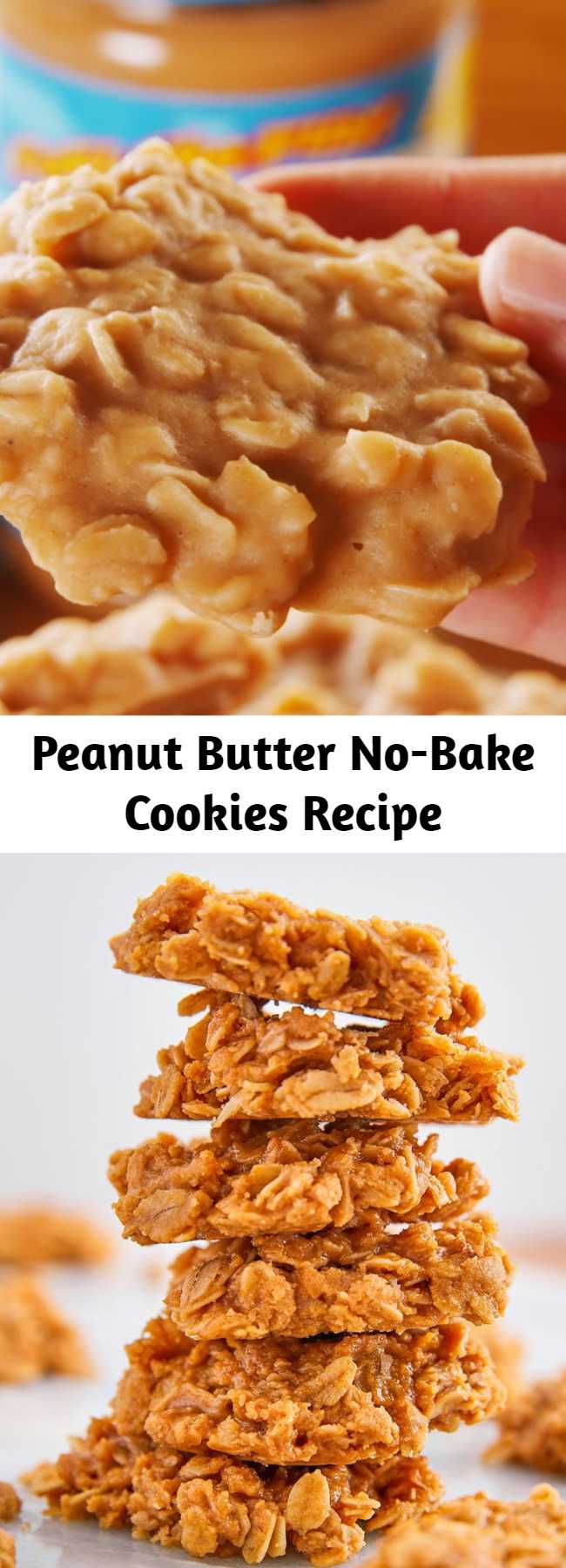 Peanut Butter No-Bake Cookies Recipe - Loaded with sweet-salty peanut butter and chewy oats, these cookies are perfect for when you’re craving dessert but don’t have the time or patience to wait for your oven to preheat. The texture is a bit more fudgy than your average cookie, and WE'RE OBSESSED. #easy #recipe #nobake #oatmeal #peanut #peanutbutter #butter #PB #healthy #salt #vanilla