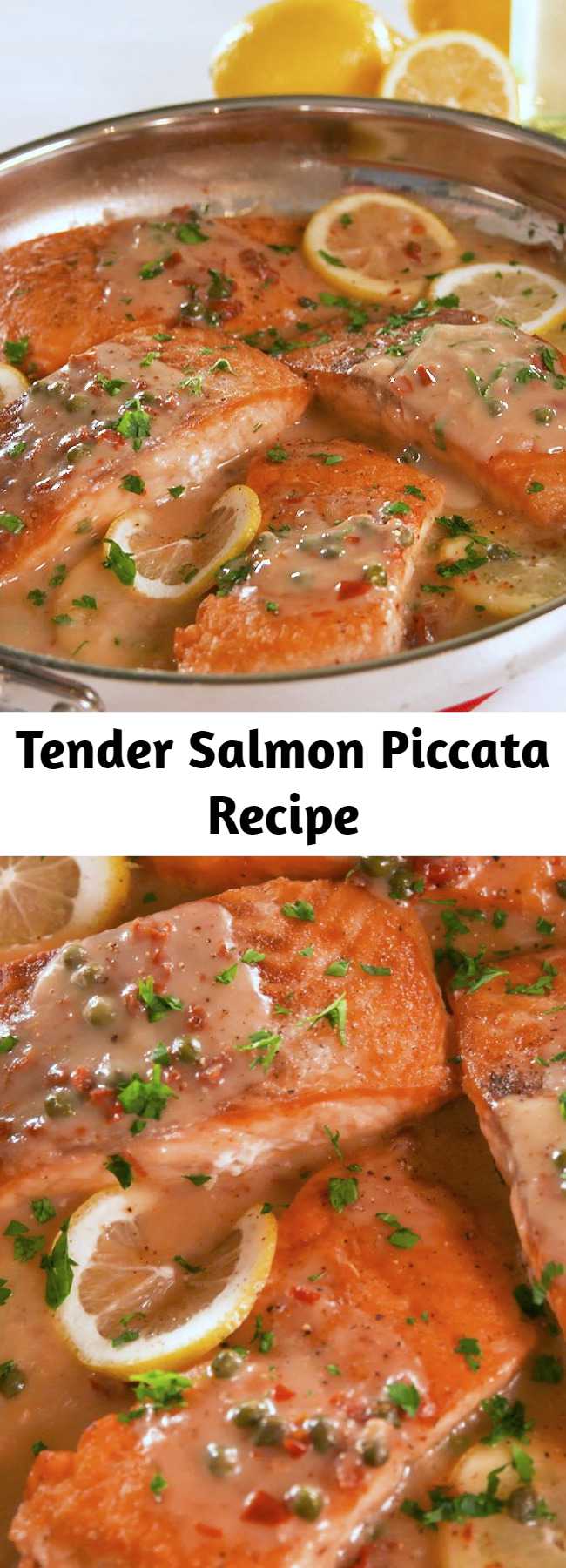 Tender Salmon Piccata Recipe - Tender lemony salmon piccata is ready in 30 min. Get started on that Mediterranean diet with this recipe. Fish are friends AND food. #easyrecipe #salmon #seafood #dinner #fish
