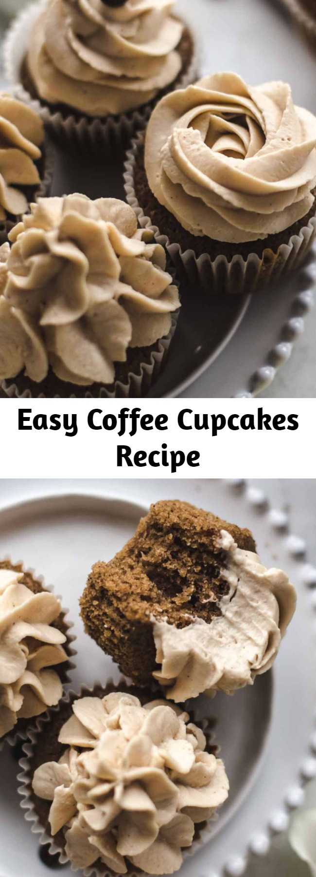 Easy Coffee Cupcakes Recipe - Super soft and moist Coffee Cupcakes topped with ultra creamy Coffee Mascarpone Frosting. Easy to make and a dream for coffee lovers. #coffee #cupcakes #frosting #baking #sweet #dessert