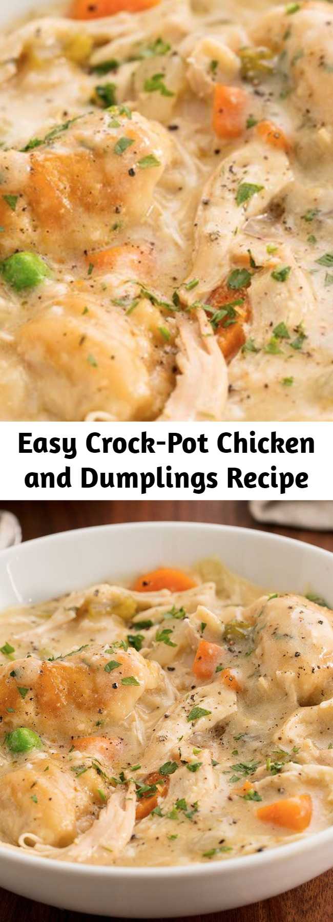 Easy Crock-Pot Chicken and Dumplings Recipe - This classic, comforting chicken and dumpling soup is almost too easy to make. #easy #recipe #slowcooker #crockpot #homemade #biscuits #dumpling #chicken #chickendumplings #biscuit