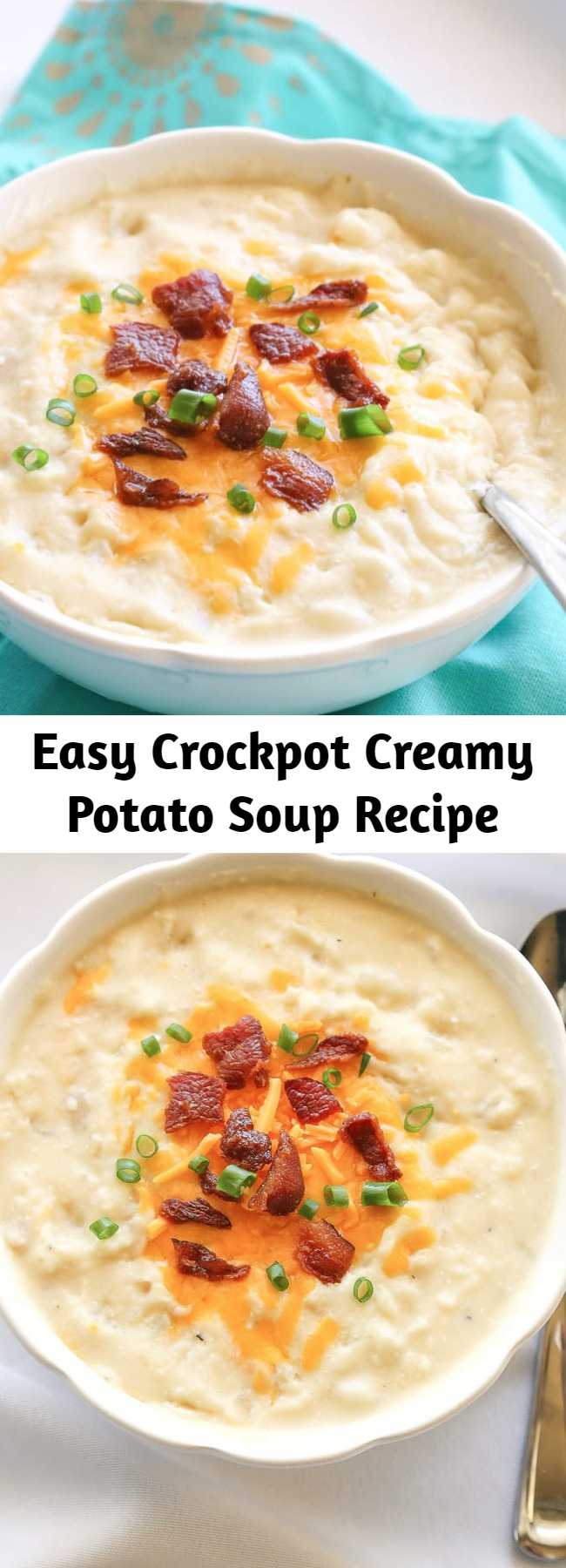 Easy Crockpot Creamy Potato Soup Recipe - This Crockpot Creamy Potato Soup couldn't be any easier. It's cooked all day in the slow cooker and is great for a cold day. Top with bacon, cheese, and green onions for the ultimate potato soup. This soup is versatile – add broccoli or ham to give it a twist. This will become your go-to crockpot potato soup recipe.