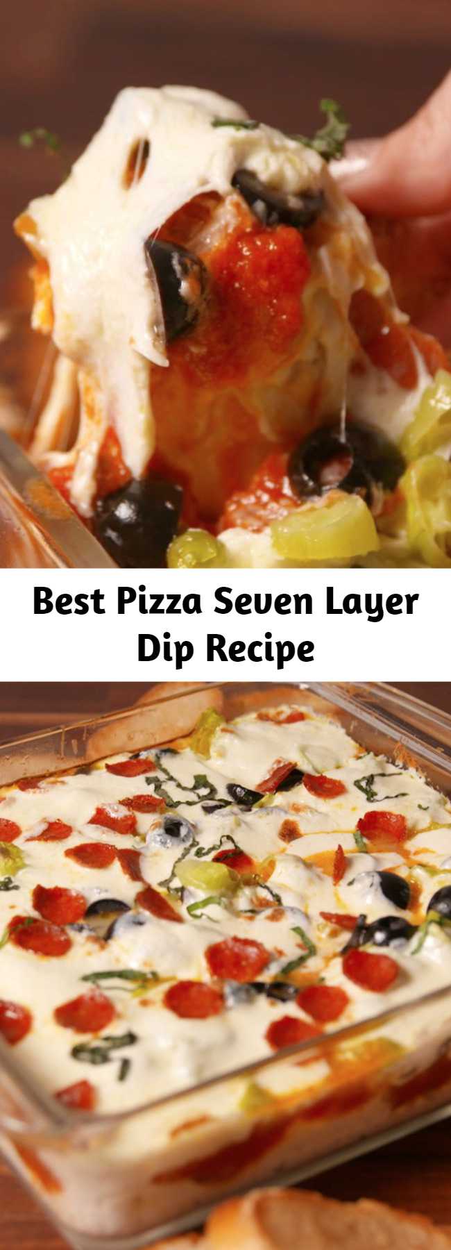 Best Pizza Seven Layer Dip Recipe - This pizza seven-layer dip is the cheesiest party appetizer you'll ever have. #easyrecipes #dips #fingerfoods #pizzadip #partyapps #partyappetizers #superbowlrecipes