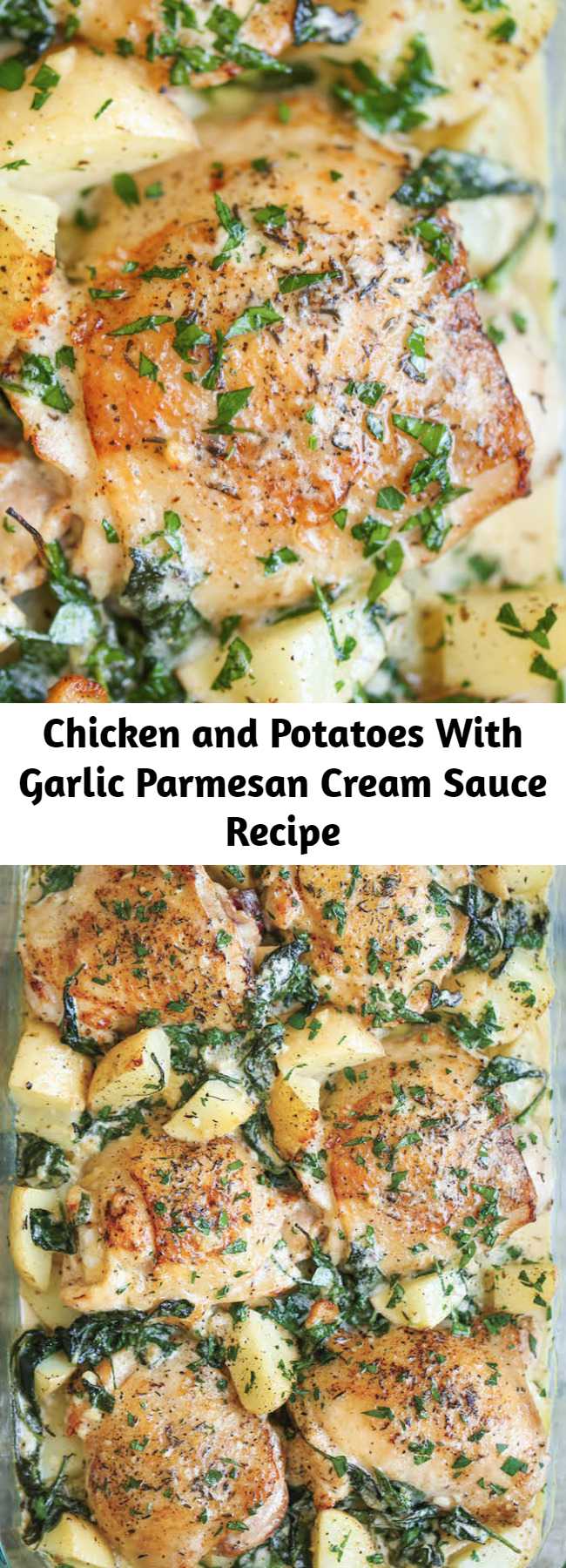 Chicken and Potatoes With Garlic Parmesan Cream Sauce Recipe - Crisp-tender chicken baked to absolute perfection with potatoes and spinach. A complete meal in one!