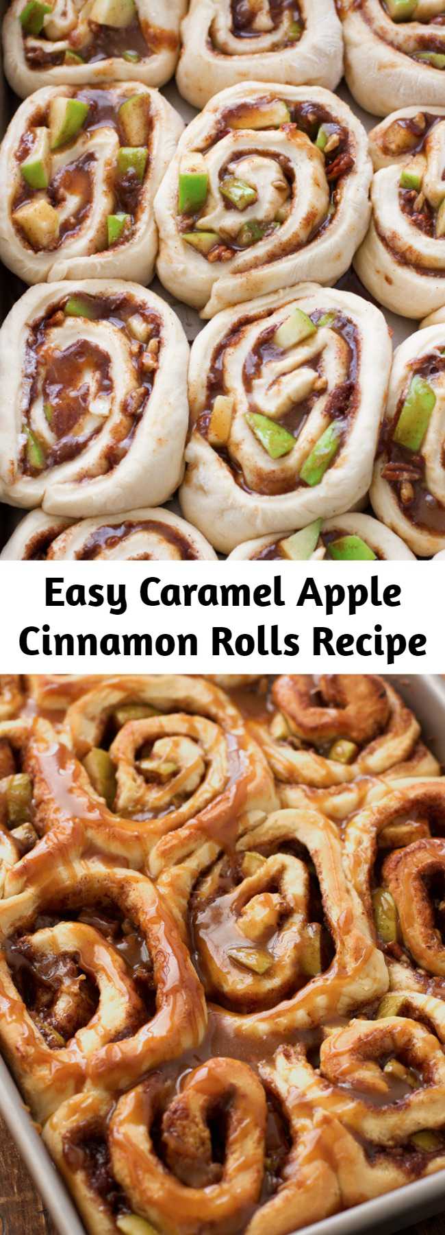 Easy Caramel Apple Cinnamon Rolls Recipe - Caramel apple cinnamon rolls stuffed with cinnamon, brown sugar, caramel, granny-smith apples and drizzled with apple cider caramel sauce and pecans. My cinnamon rolls have the most wonderful, bakery-style buttery flavor! These apple cinnamon rolls are the perfect fall treat!
