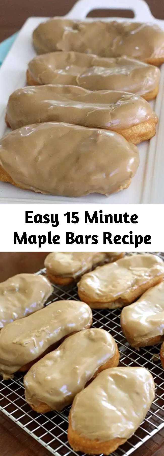 Easy 15 Minute Maple Bars Recipe - Maple Bars made in minutes with biscuit dough & a delicious homemade maple glaze. Never buy store bought again after tasting these warm, fresh maple bars! #donuts #maple #breakfast #doughnuts #maplebar #recipe