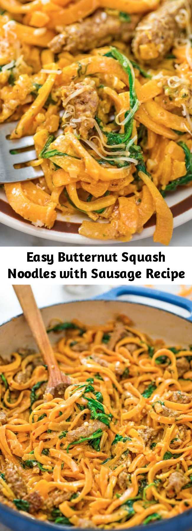 Easy Butternut Squash Noodles with Sausage Recipe - You are going to fall in love with these Butternut Squash Noodles with Sausage! Made with Italian sausage, spinach, spiralized butternut squash, garlic, cream, and Parmesan cheese, this dish is just bursting with flavors! #spiralizer #spiralized #butternutsquash #spiralizerrecipes #dinner #lunch #recipeoftheday #videorecipe #winter