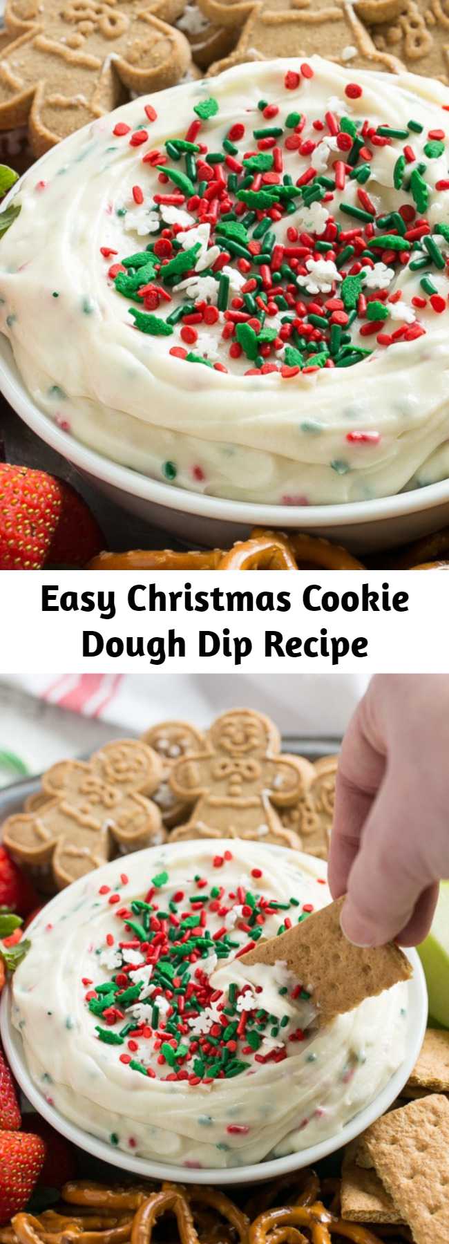 Easy Christmas Cookie Dough Dip Recipe - Looking for an easy and unique offering for your next holiday party? This cookie dough dip is sure to be a huge hit! This recipe for cookie dough dip has a fluffy and creamy base of eggless Christmas cookie dough that’s swirled with plenty of holiday sprinkles and served with fruit and cookies for dipping. It only takes 5 minutes to make!