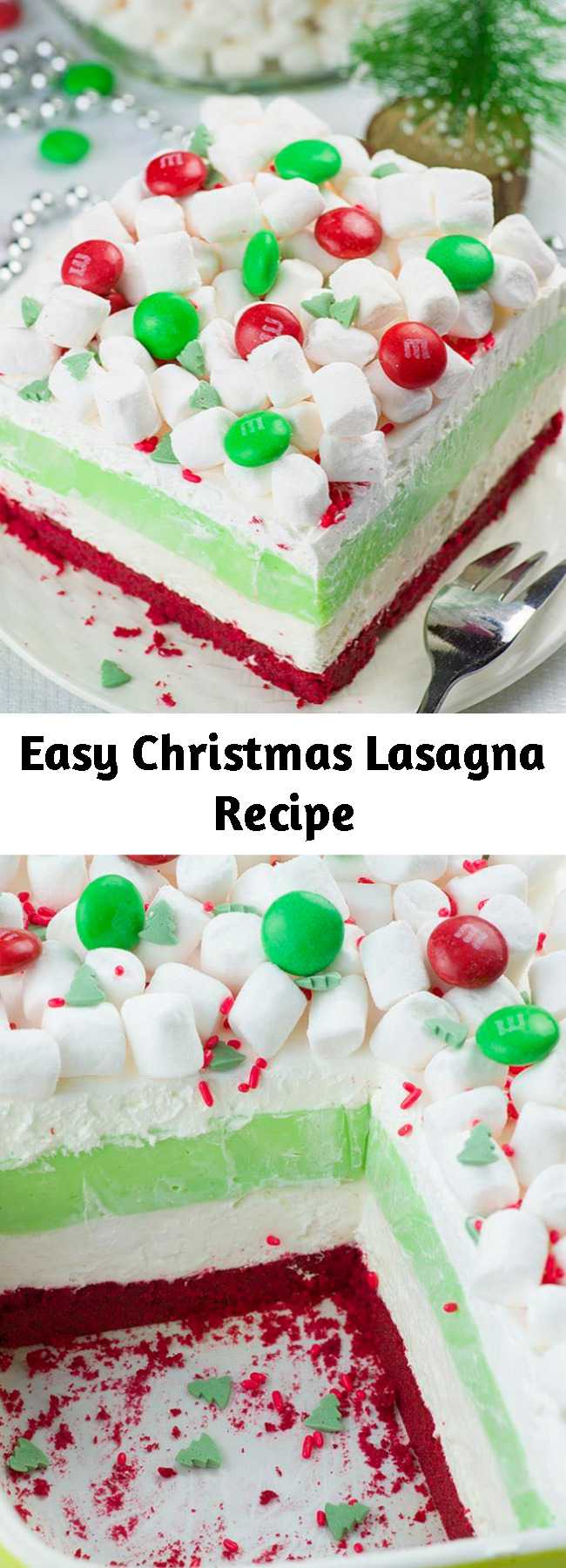 Easy Christmas Lasagna Recipe - Christmas Lasagna is a whimsical layered dessert recipe! Made with buttery, red velvet shortbread cookie crust, a peppermint cheesecake layer, white chocolate pudding, whipped cream and mini marshmallows on top. I’m sure it will be a hit at your Christmas gathering. #christmasdesserts #christmasrecipes #marshmallows