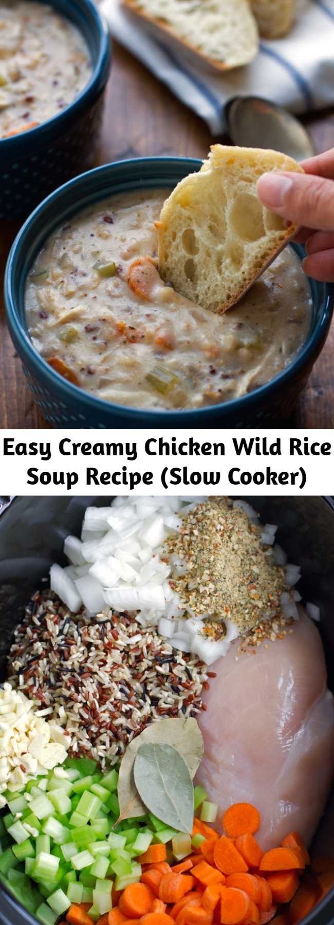 Easy Creamy Chicken Wild Rice Soup Recipe (Slow Cooker) - A warm and cozy chicken wild rice soup made right in the slow cooker. This soup is loaded with carrots, celery, boneless chicken and of course, wild rice! It’s the perfect slow cooker meal for a chilly winter night! The best part is, you’ve probably got most of these ingredients at home already!