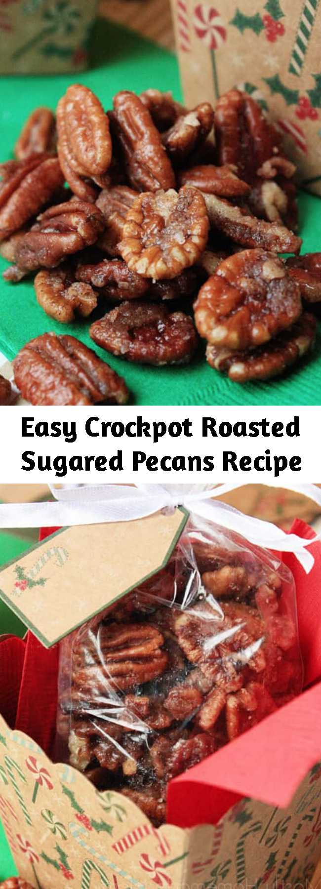 Easy Crockpot Roasted Sugared Pecans Recipe - Halved pecans tossed with butter, powdered sugar, and spices and slow cooked until glazed. These make wonderful Christmas gifts!