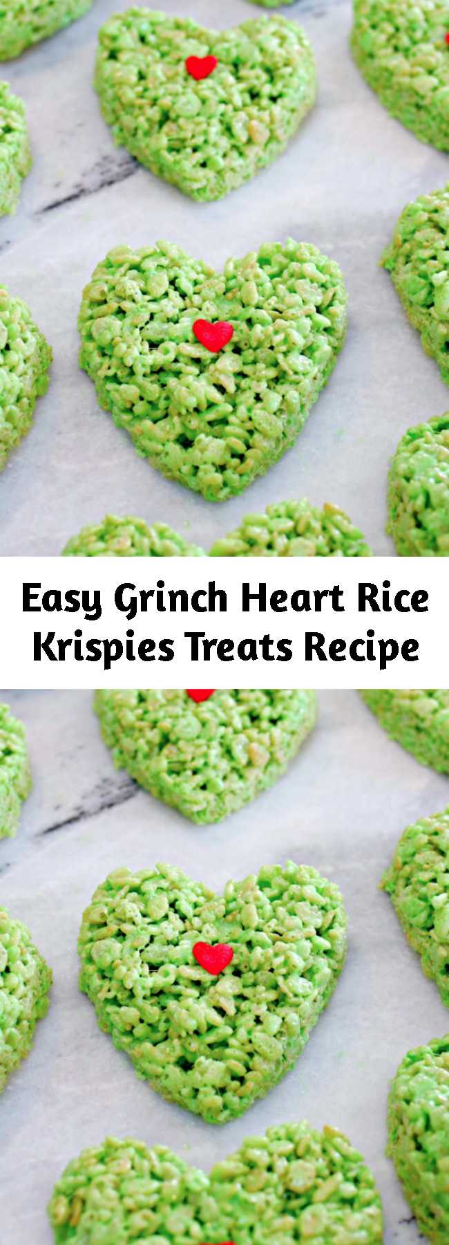 Easy Grinch Heart Rice Krispies Treats Recipe - Homemade Rice Krispie Treats are a favorite in our home, but during Christmas we like to kick them up a notch and make these super cute Grinch Heart Rice Krispies Treats…easiest recipe ever and they are oh so delicious!