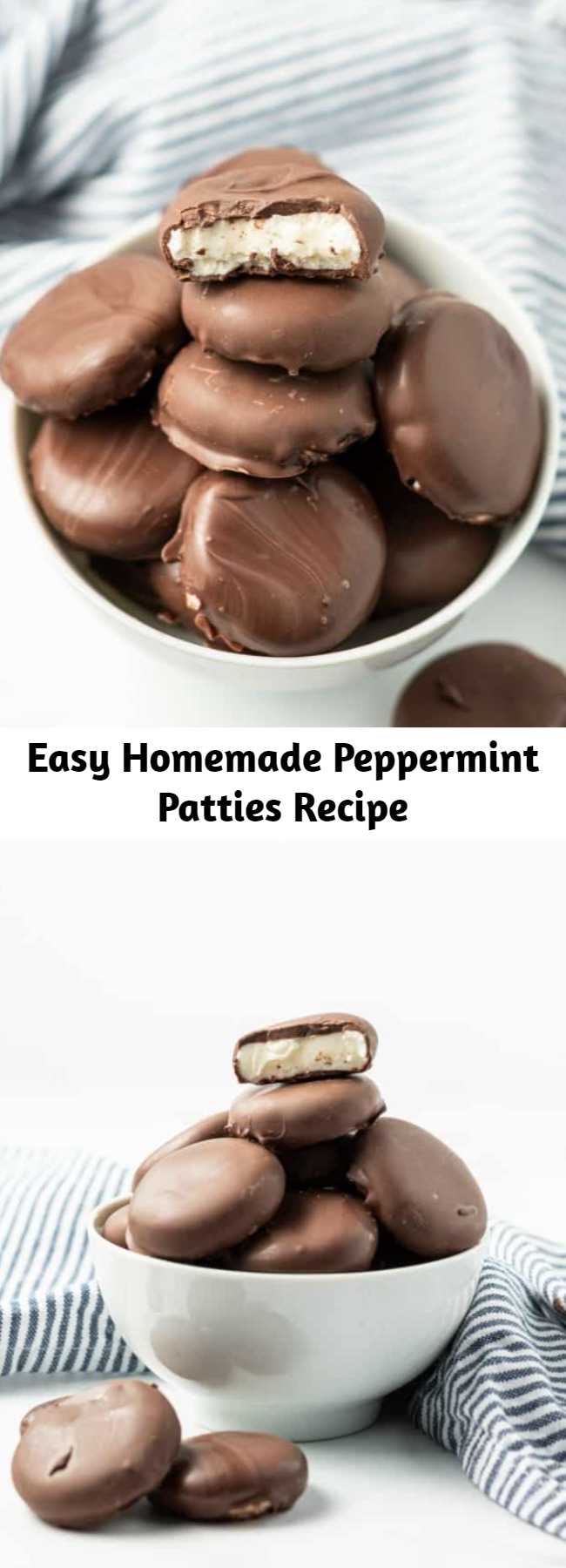 Easy Homemade Peppermint Patties Recipe - Peppermint filling wrapped in sweet chocolate; this Peppermint Patty recipe is easier than you ever realized. Skip the store bought candies and make your own! Shape them like footballs for a game day treat!