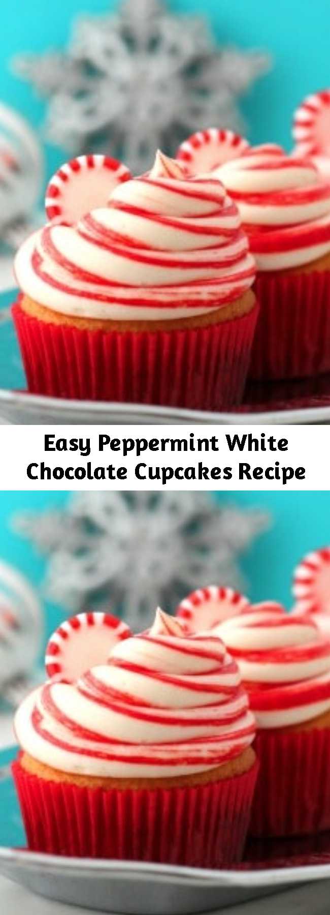 Easy Peppermint White Chocolate Cupcakes Recipe - Made with a base of boxed cake mix (and added melted white chocolate), these Peppermint White Chocolate Cupcakes are super easy to create! The peppermint frosting has red food coloring stripes to make them look like candy canes - so cute!