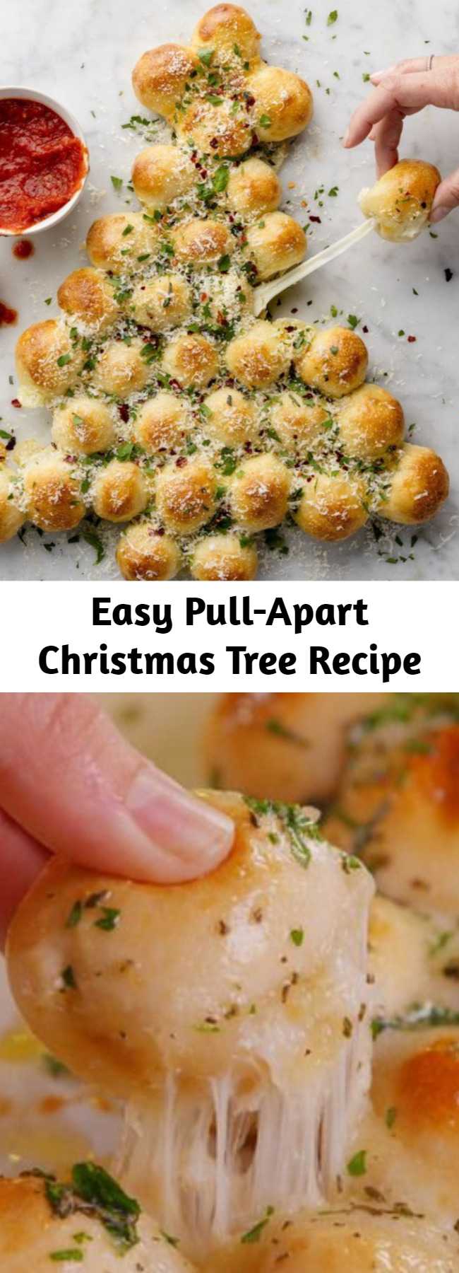 Easy Pull-Apart Christmas Tree Recipe - This cheesy Christmas tree is the app that gets demolished in seconds. #easy #cheesy #bread #appetizer #holiday #christmas #christmastree #cheese ##mozzarella #pizzadough #basil #herbs #fingerfoods