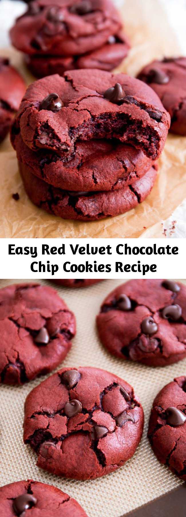 Easy Red Velvet Chocolate Chip Cookies Recipe - Red velvet cake meets a soft-baked chocolate chip cookie today. A blissful marriage of two classic desserts! These are soft-baked red velvet chocolate chip cookie recipe made from scratch.