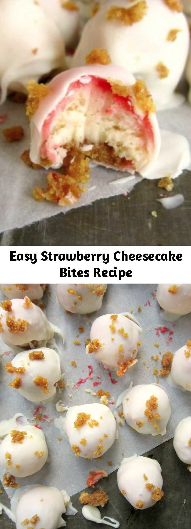Easy Strawberry Cheesecake Bites Recipe - These little Strawberry Cheesecake Bites are just the perfect size!  And having them dipped in white chocolate is even an extra treat!