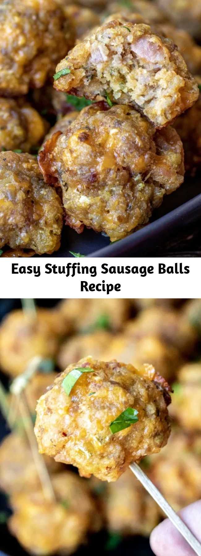 Easy Stuffing Sausage Balls Recipe - Stuffing Sausage Balls are an easy appetizer with all of the flavors of the holidays. Cheese, sausage, bacon, and stuffing are rolled together for one perfect bite! Perfect appetizer for Thanksgiving, Christmas, or New Year's Eve! #thanksgiving #appetizer #Christmas #Newyearseve #partyfood #sausage