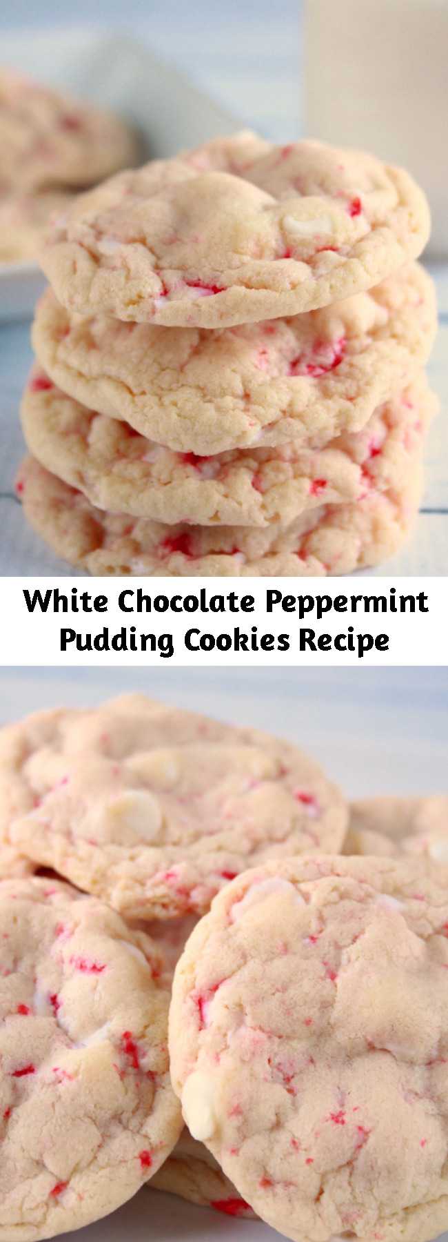 Easy White Chocolate Peppermint Pudding Cookies Recipe - These white chocolate peppermint pudding cookies are melt-in-your-mouth delicious! The combination of the white chocolate and peppermint is just so yummy.