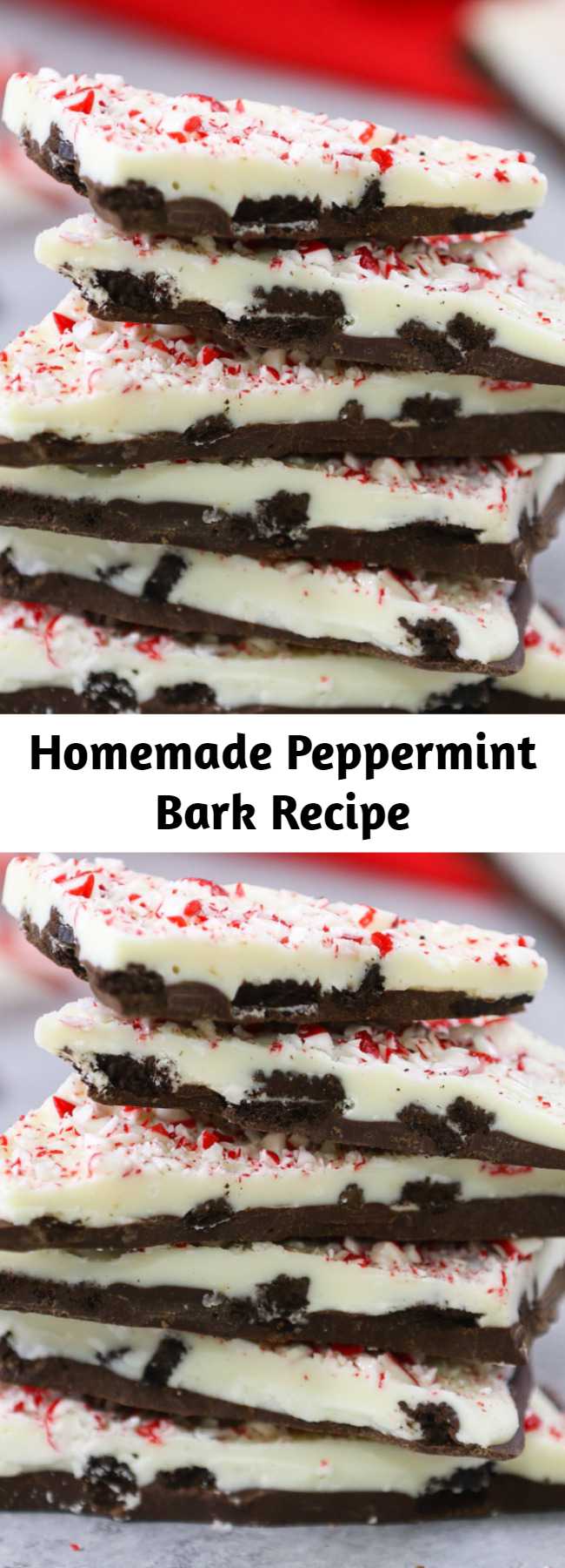 Homemade Peppermint Bark Recipe - This Peppermint Bark has irresistible layers of dark and white chocolate flavored with peppermint and topped with crushed candy cane! This delectable Christmas treat is very festive and ideal for gift-giving. We show you how to prevent the layers from separating and easily break it apart for the perfect presentation!