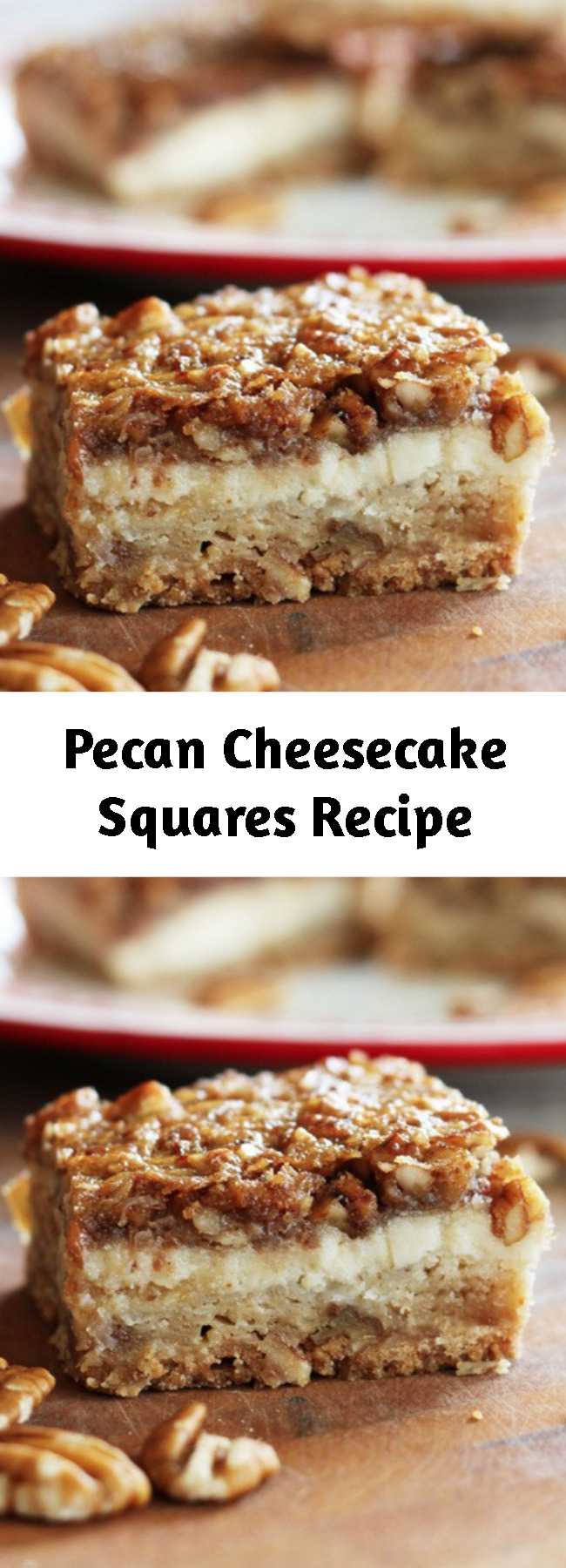 Pecan Cheesecake Squares Recipe - Each square of this scrumptious dessert boasts a layer of shortbread, a layer of tangy cheesecake, and a crunchy pecan pie layer in every bite!
