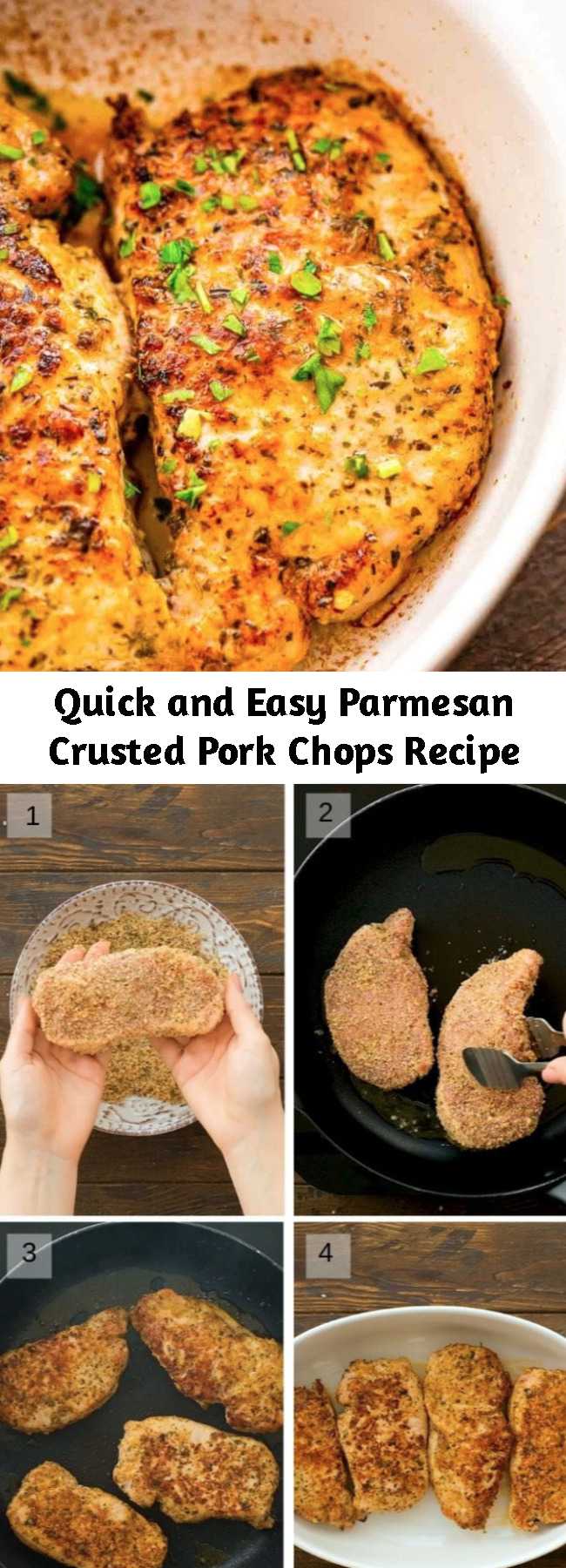 Quick and Easy Parmesan Crusted Pork Chops Recipe - Parmesan Crusted Pork Chops are breaded with a crunchy, flavorful coating, seared and baked. These boneless pork chops are tender, juicy and delicious. Such an easy dinner recipe that the entire family will love. If you need a new pork chop recipe this is it. No more dry, chewy pork chops that you fear! #porkchops #recipe