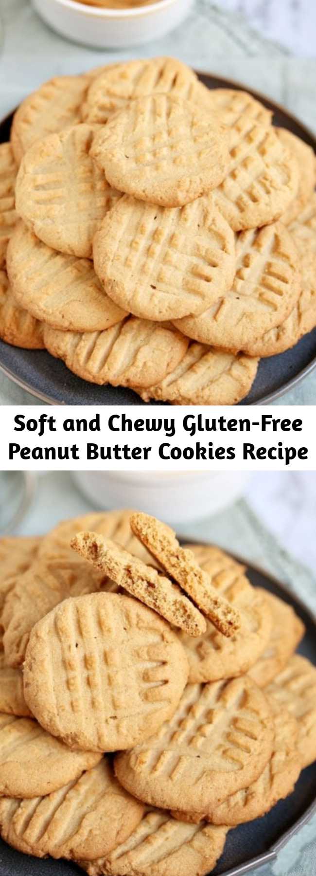 Soft and Chewy Gluten-Free Peanut Butter Cookies Recipe - This easy recipe uses common ingredients that make a peanut butter cookie so delicious, no one will guess it’s gluten-free! Unlike many GF cookie recipes, these gluten free peanut butter cookies are delicious and chewy, not dry and crumbly.