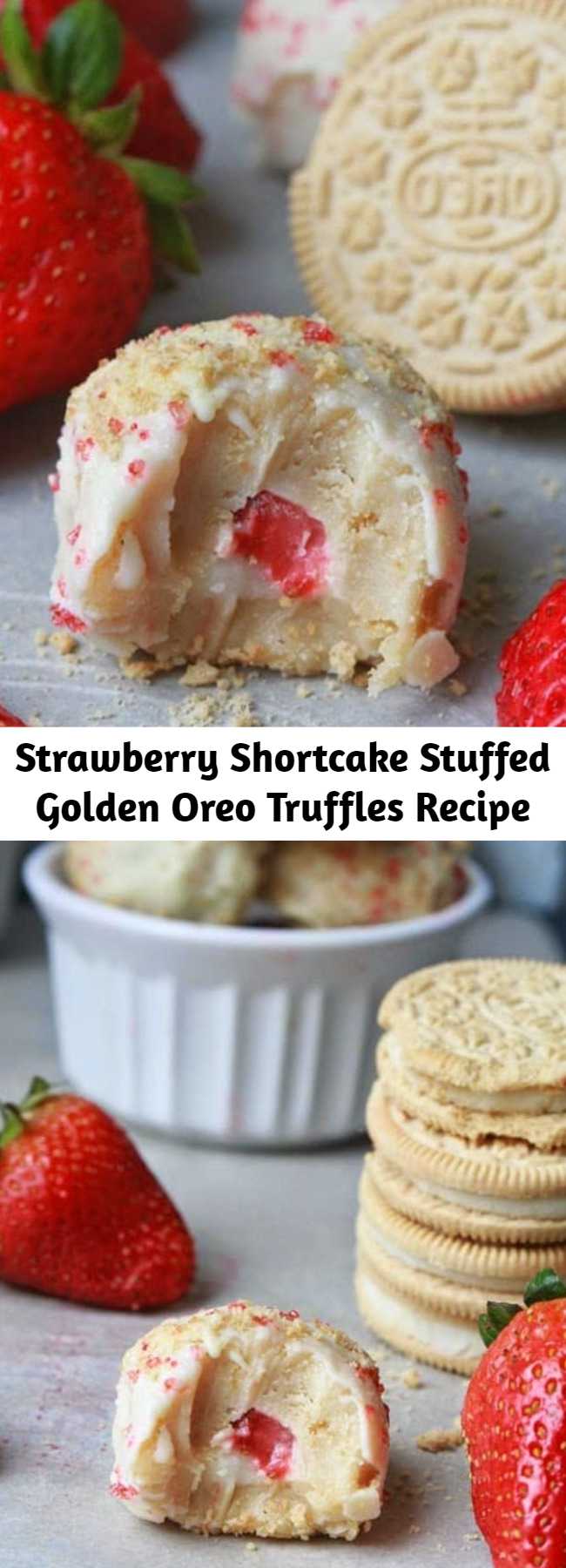 Strawberry Shortcake Stuffed Golden Oreo Truffles Recipe - Strawberry shortcake truffles made with Golden Oreo cookies and cream cheese. The dough balls are stuffed with fresh strawberries and whipped cream then dipped into melted white chocolate. A simple and fun way to enjoy the classic strawberry shortcake.