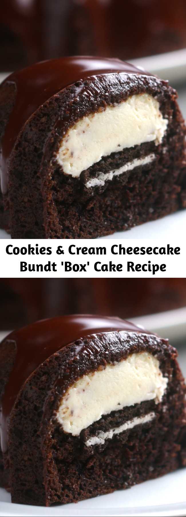 Cookies & Cream Cheesecake Bundt 'Box' Cake Recipe - Who could beat this Cheesecake Filled Chocolate Bundt Cake with its rich yet tender chocolate cake, surprise cheesecake filling, and thick fudgy glaze? YUM.