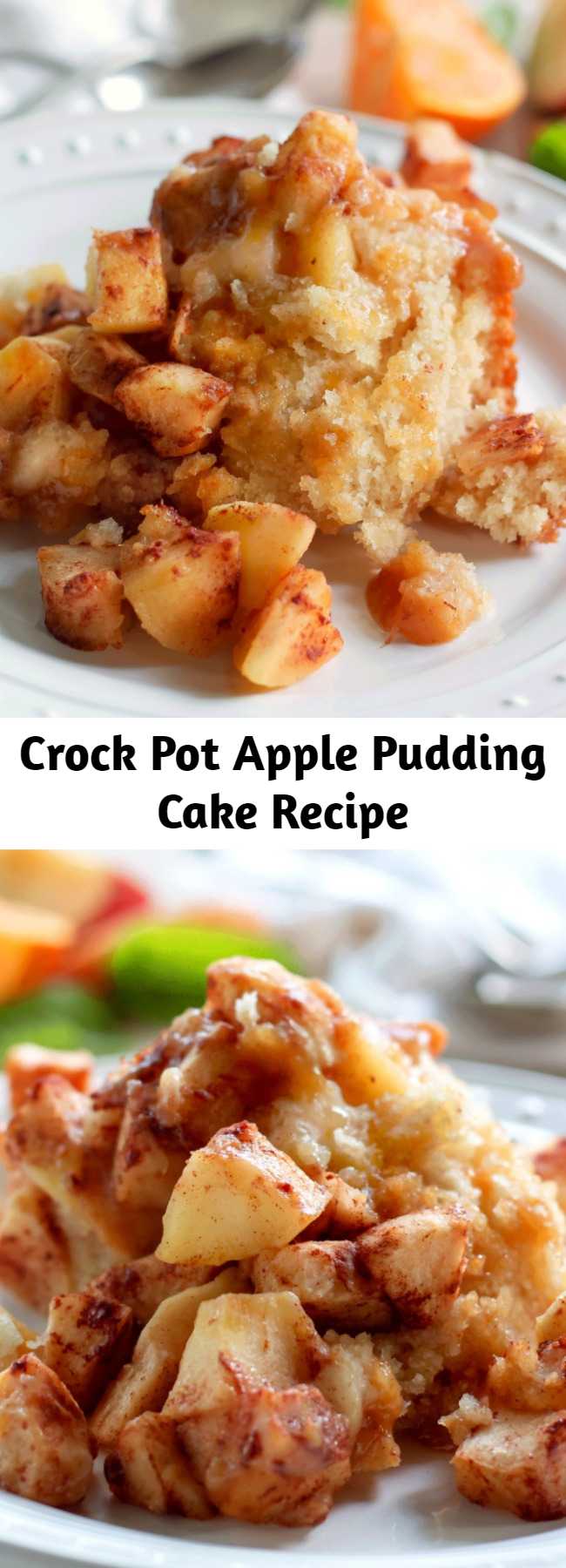 Crock Pot Apple Pudding Cake Recipe - Warm apples topped with cinnamon, a fluffy cake with a thick pudding flavored with orange. The batter for the cake goes on the bottom of the crock pot and actually rises up to make a soft, fluffy cake.  The pudding portion appears when you scoop out the cake and apples.