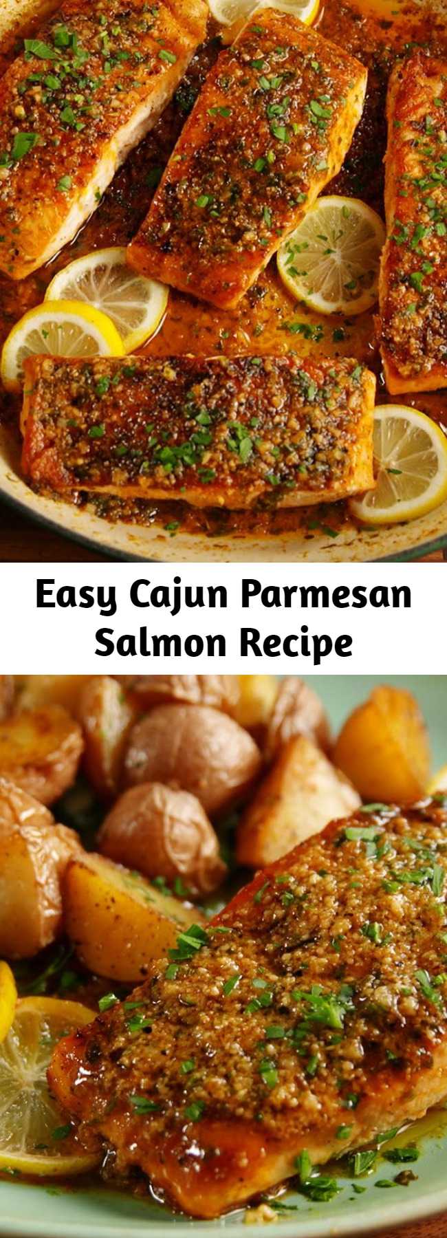Easy Cajun Parmesan Salmon Recipe - This salmon has a simple sauce that's made right in the pan. A little kick from the cajun seasoning and a little sweet from the honey it's the perfect combo. Serve it alongside some roasted potatoes and extra Parmesan! #recipes #easyrecipes #healthyrecipes #salmon #dinner