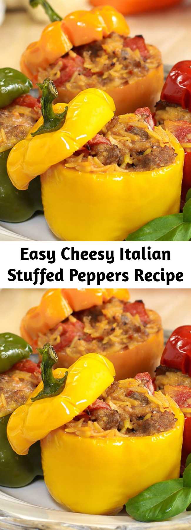 Easy Cheesy Italian Stuffed Peppers Recipe - Cheesy Italian Stuffed Peppers start with cheesy Italian sausage, fire-roasted tomatoes, and orzo pasta. It only gets better from there. An easy recipe that goes from prep to plate in 30 minutes makes this one a keeper! #stuffedpeppers #30minutemeals