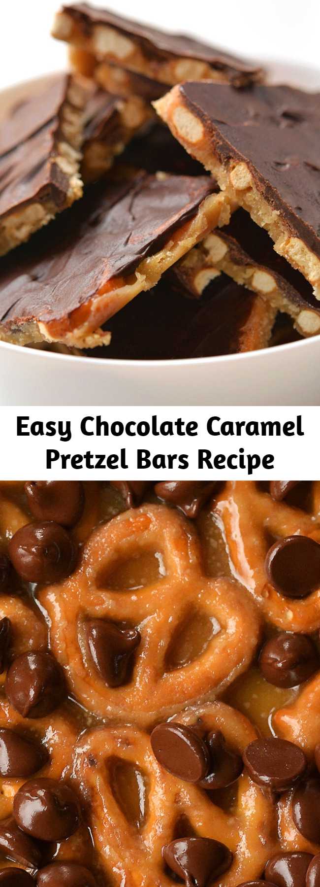 Easy Chocolate Caramel Pretzel Bars Recipe - These chocolate caramel pretzel bars are soooo good. And you only need 4 ingredients — so they’re really easy to make! The sweet chocolate and caramel goes so perfectly with the salty crunch of the pretzels. A salty, crunchy and sweet holiday treat!