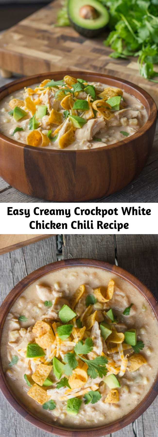Easy Creamy Crockpot White Chicken Chili Recipe - It’s one of my family’s favorite meals in the wintertime. Go crazy with the toppings if you can!  Fritos, shredded cheese, avocado, cilantro, and sour cream are my favorite.