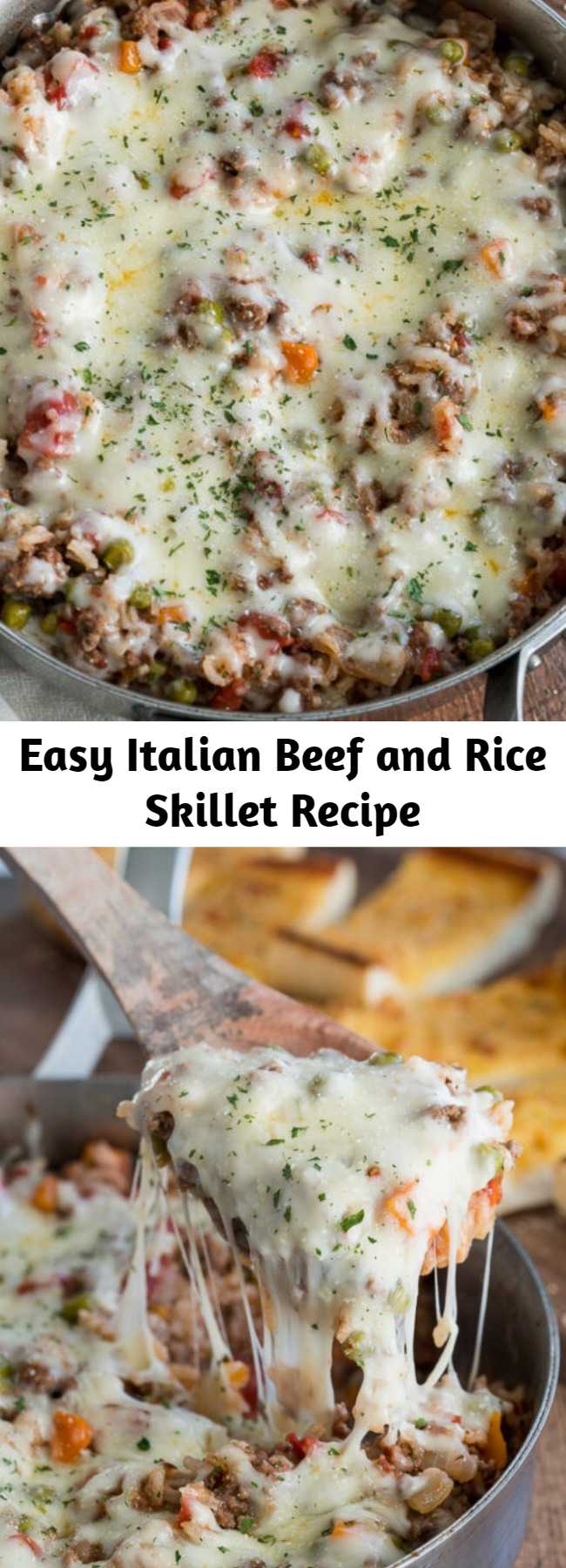 Easy Italian Beef and Rice Skillet Recipe - This hearty and cheesy Italian Beef and Rice Skillet is ready in less than 30 minutes for an easy weeknight dinner the whole family will love!