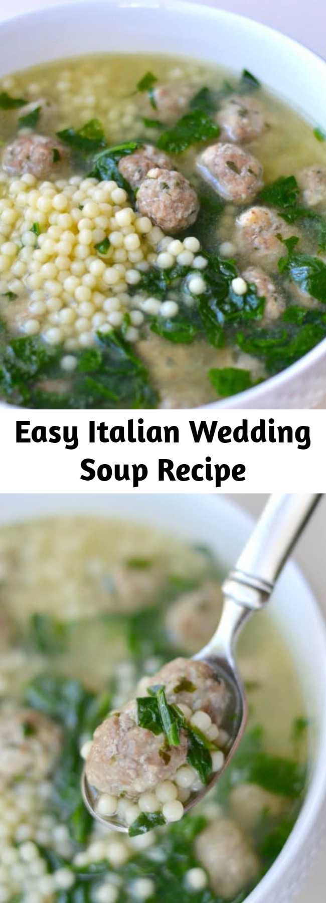 Easy Italian Wedding Soup Recipe - A delicious Italian Wedding soup recipe containing pasta, mini meatballs, spinach, and a flavorful broth.This Italian wedding soup recipe is simple to make and the absolute BEST thing to eat! My whole family loves it, and yours will, too.