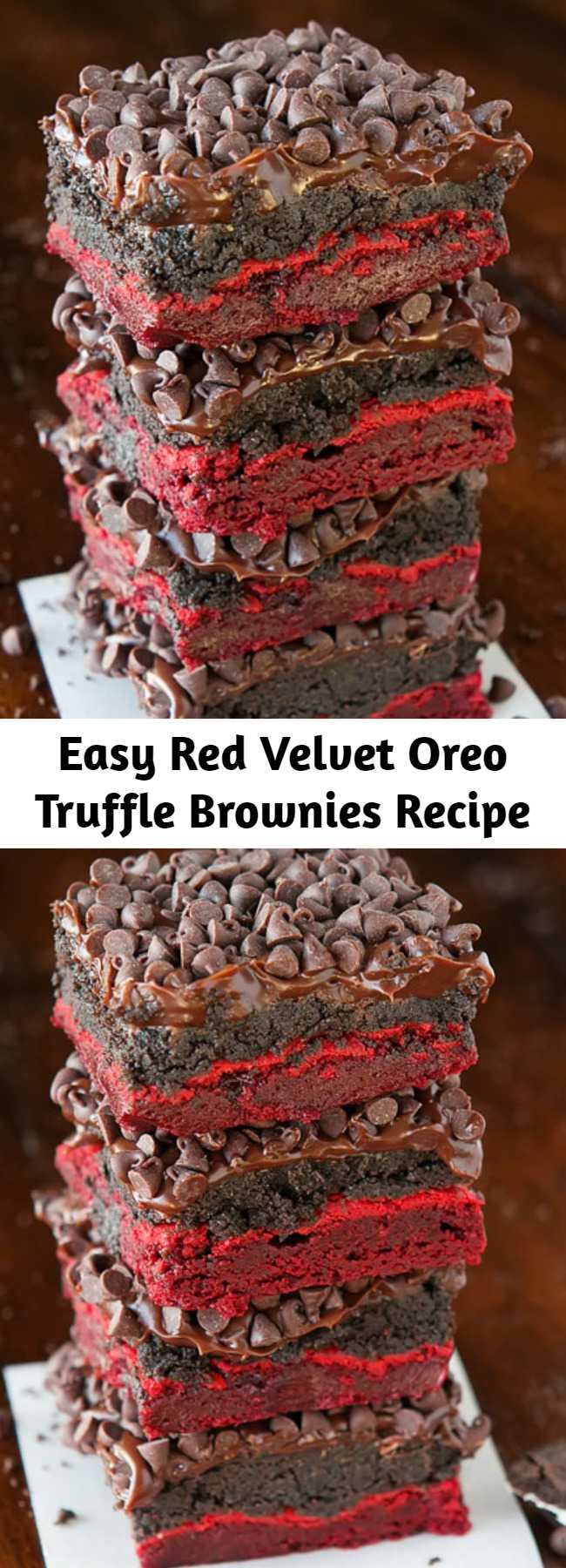 Easy Red Velvet Oreo Truffle Brownies Recipe - These impossibly delicious Red Velvet Oreo Truffle Brownies are so easy to make with red velvet cake mix. Filled with creamy Oreo truffle filling and topped with rich chocolate ganache & chocolate chips, these brownies are ultimate decadence.