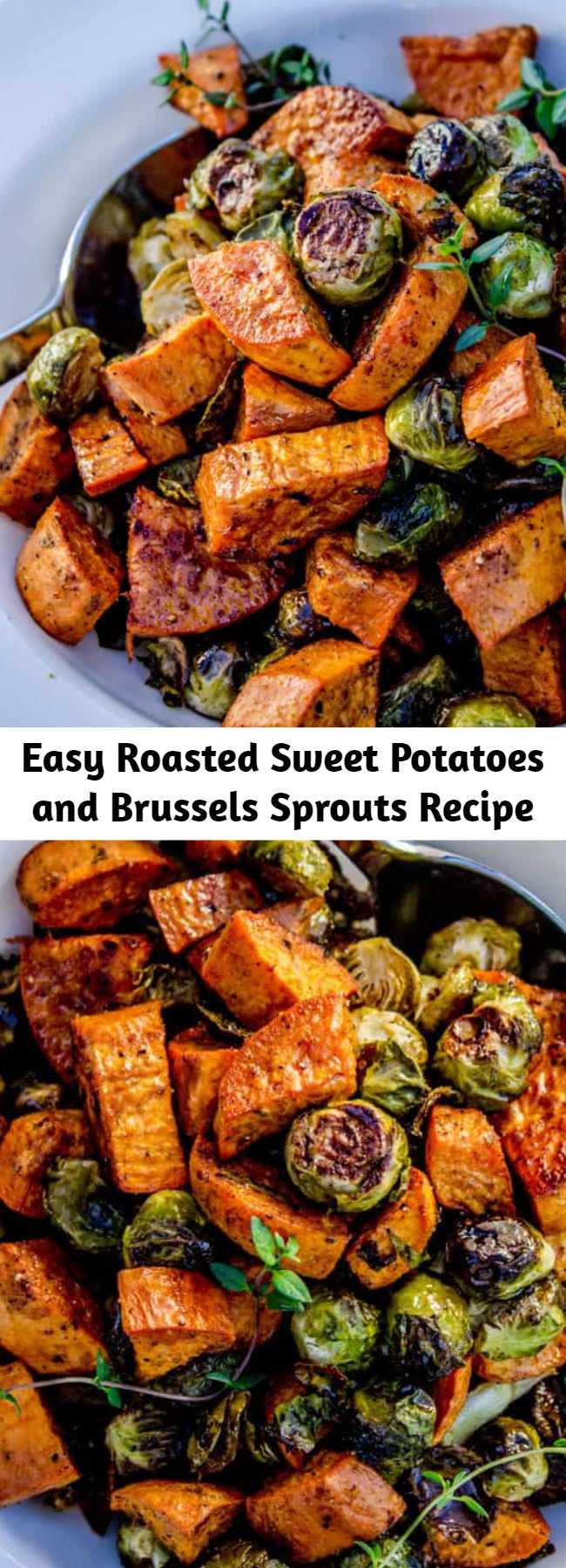 Easy Roasted Sweet Potatoes and Brussels Sprouts Recipe - Roasted vegetables (like these Brussels sprouts and sweet potatoes) are superior in almost every way; it’s a fact. But they take up valuable oven space on holidays. Make them ahead of time and reheat!  Save on time and stress. 