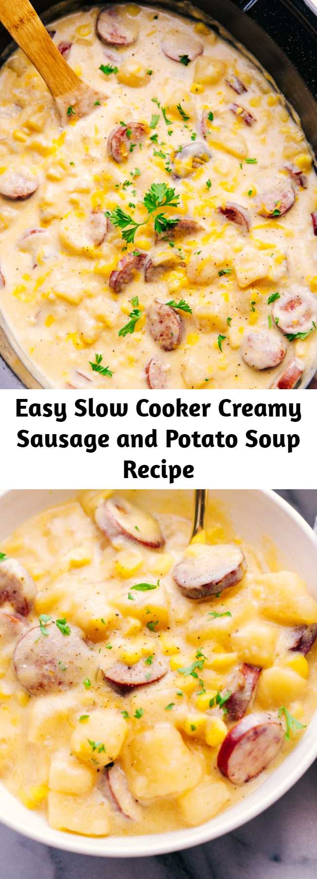 Easy Slow Cooker Creamy Sausage and Potato Soup Recipe - Slow Cooker Sausage and Potato Soup is filled with Andouille sausage, cubed potatoes, corn, and cheese, the perfect comfort meal for a weekend you can set and forget.
